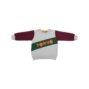 Tokyo printed kids sweatshirt with maroon sleeves and grey body