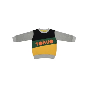 Kids' Bold Tokyo Colorblock Sweatshirt in black, yellow, and grey with stylish Tokyo print on the front