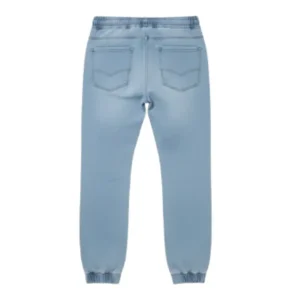 Full product shot of CROPP light blue denim joggers with drawstring waist and cuffed ankles, shown hanging.