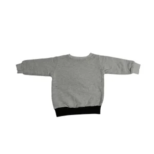 Back view of a plain light-grey long-sleeve kids' sweatshirt with a black hem.