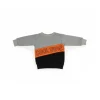 Front view of a grey, orange, and black long-sleeve kids' sweatshirt with a diagonal orange block that reads 