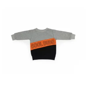 Front view of a grey, orange, and black long-sleeve kids' sweatshirt with a diagonal orange block that reads 