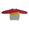 Front view of a maroon, yellow, and grey long-sleeve kids' sweatshirt with a diagonal yellow block that reads 