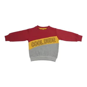 Front view of a maroon, yellow, and grey long-sleeve kids' sweatshirt with a diagonal yellow block that reads 
