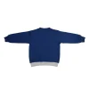 Back view of a plain navy blue long-sleeve kids' sweatshirt with a light-grey hem.