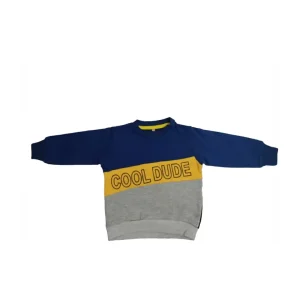 Front view of a navy blue, yellow, and grey long-sleeve kids' sweatshirt with a diagonal yellow block that reads "COOL DUDE."
