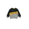 Front view of a black, yellow, and grey long-sleeve kids' sweatshirt with a diagonal yellow block that reads 