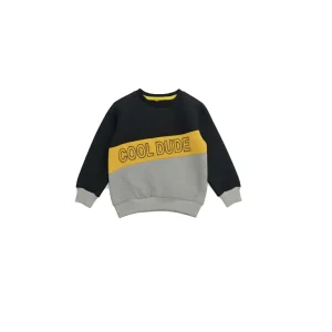 Front view of a black, yellow, and grey long-sleeve kids' sweatshirt with a diagonal yellow block that reads "COOL DUDE."