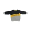 Front view of a black, yellow, and grey long-sleeve kids' sweatshirt with a diagonal yellow block that reads 