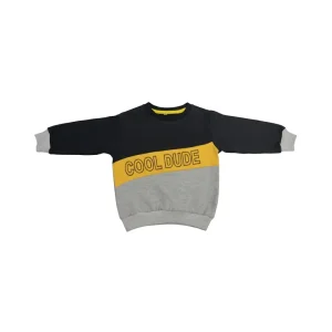 Front view of a black, yellow, and grey long-sleeve kids' sweatshirt with a diagonal yellow block that reads