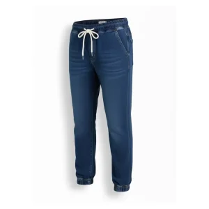 Image of dark indigo blue denim joggers, folded, showing the elastic waistband, back pocket, and DENIM JOGGER tag.