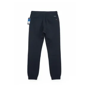 Image of folded Nautica navy blue joggers, highlighting the elastic waistband, rear slit pocket.
