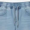 Image of CROPP light blue denim joggers with elastic waist and cuffed ankles, folded
