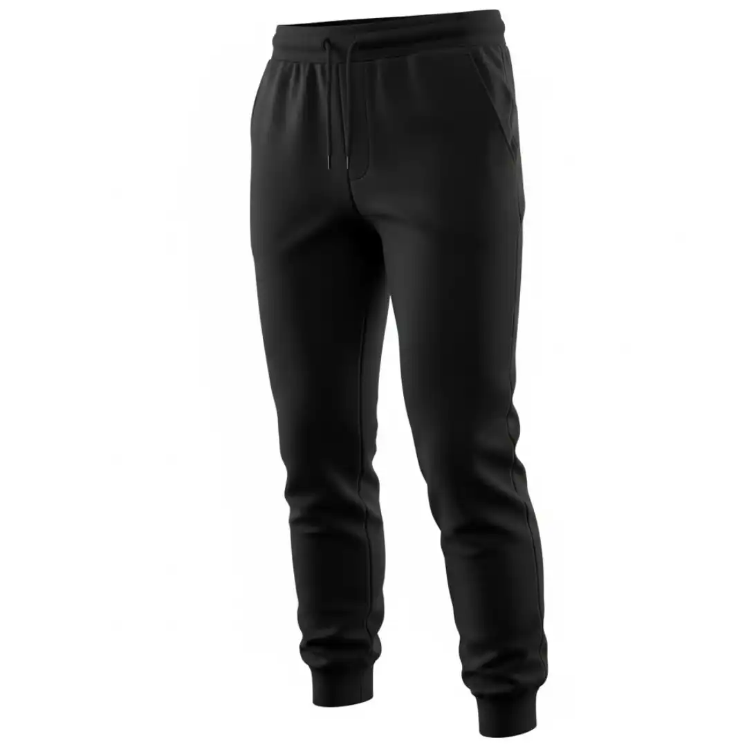 Front view of black joggers/sweatpants showing the adjustable drawstring waist and side pockets. Front view of black joggers/sweatpants showing the adjustable drawstring waist and side pockets.