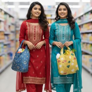 Foldable Shopping Bag with Gold Print Blue