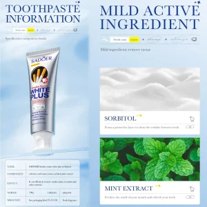 SADOER Smokes Stains White Plus Toothpaste 100g for Smoke and Coffee Surface Stain Removal